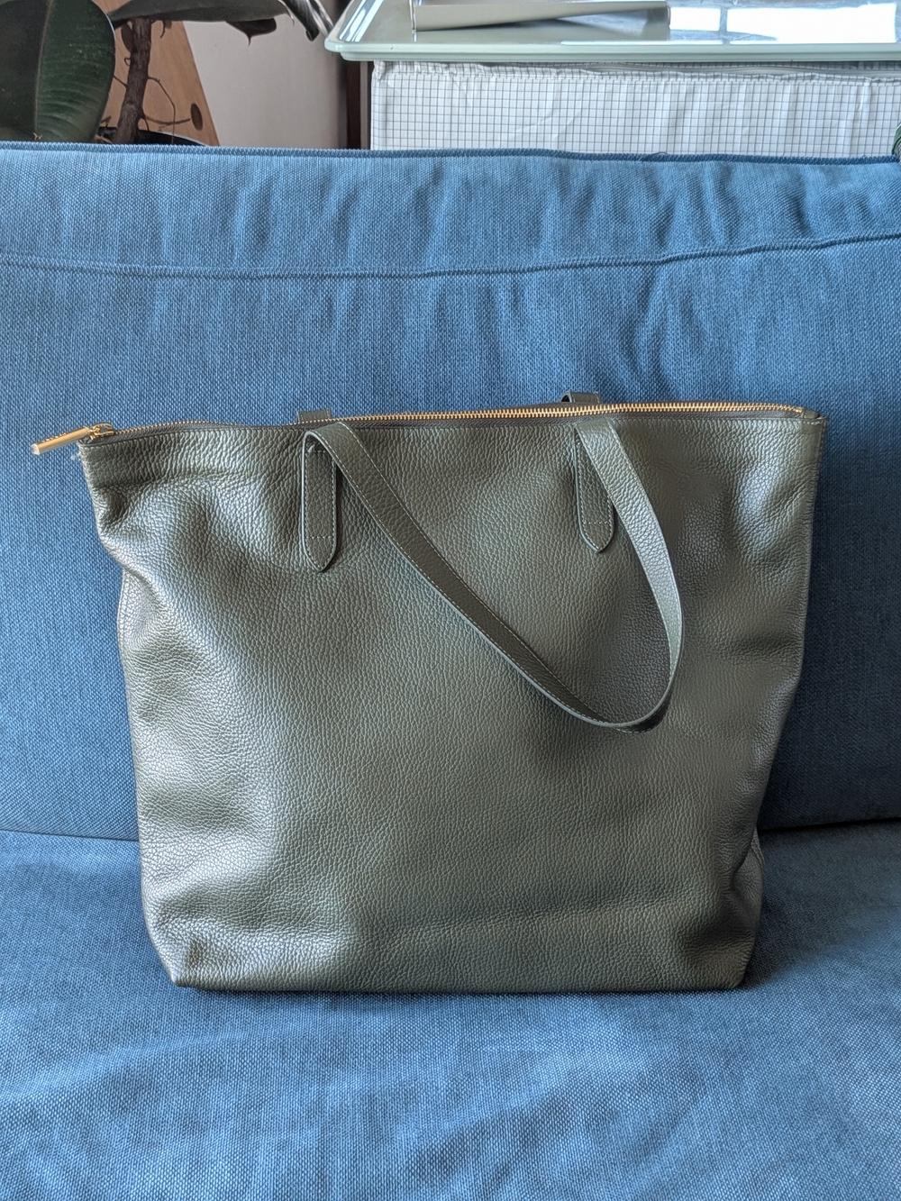 Cuyana Classic Zip Tote Olive Green Pebbled Leather, Gold Hardware